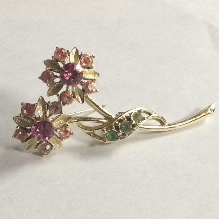 Gold Colored Lt Dk Rose Peridot CryCz Brooch 5$